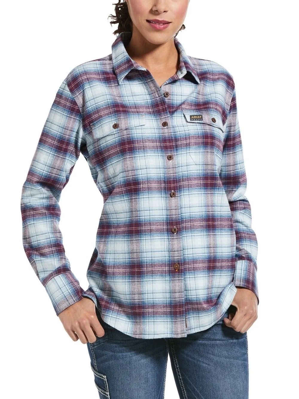 Ariat Rebar Flannel DuraStretch Work Shirt Blue Burgundy Plaid Cabin Fall Size M